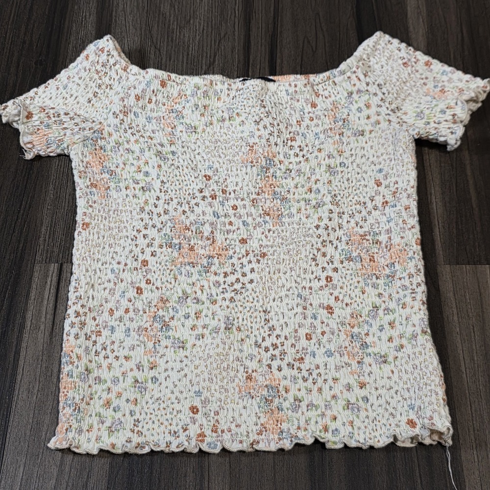 Art Class Girls Floral Smocked Off the Shoulder Crop Top Cream Pink Size L...
